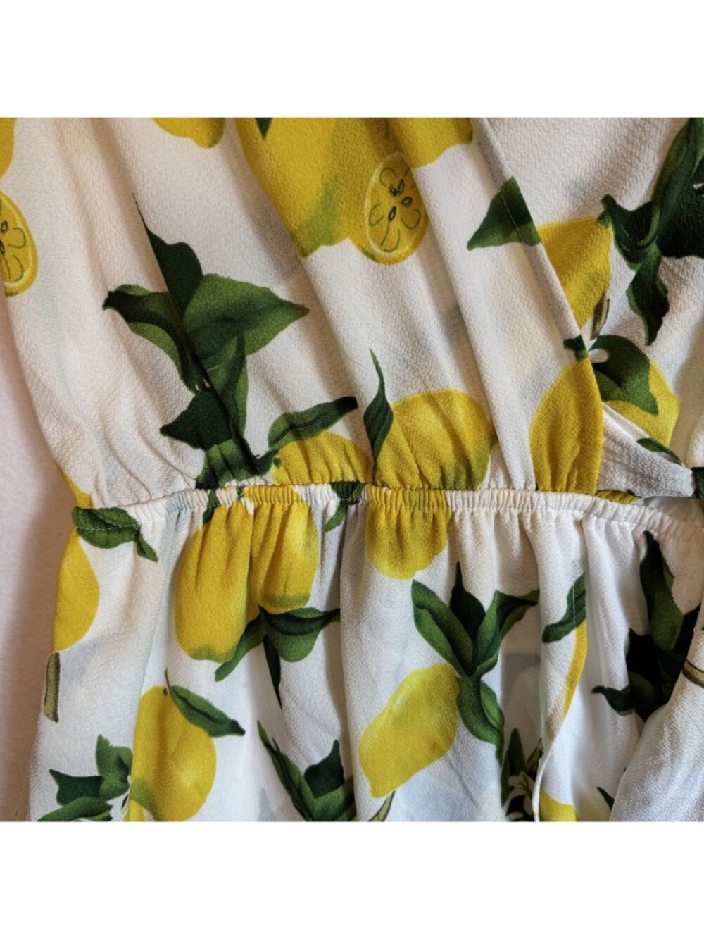 Dream Of Me Lemon Print High/Low Faux Wrap Dress Cap Sleeves Elastic Waist M - Picture 9 of 12